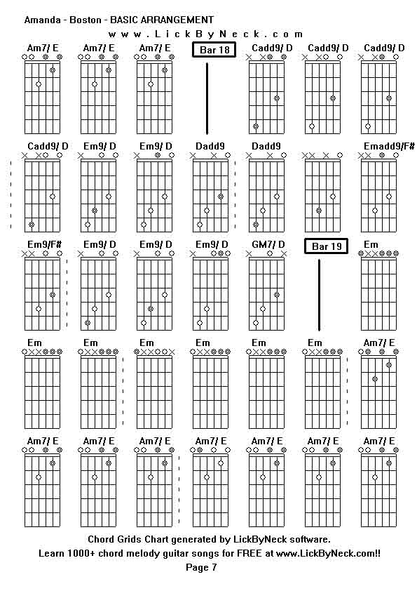 Chord Grids Chart of chord melody fingerstyle guitar song-Amanda - Boston - BASIC ARRANGEMENT,generated by LickByNeck software.